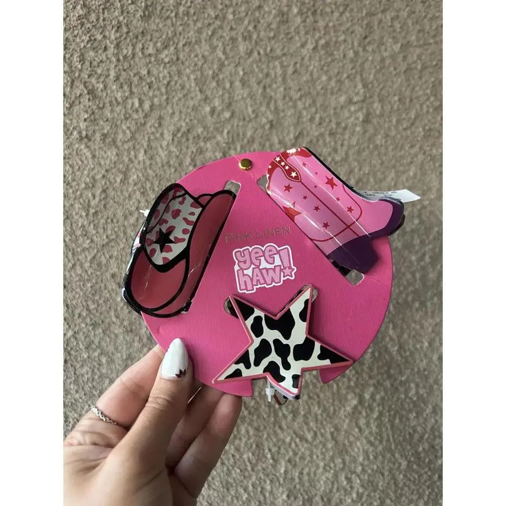 Pink Linen Yeehaw Hair Clip Set NWT Cowgirl Western Boot Star Hat Cute Cowprint